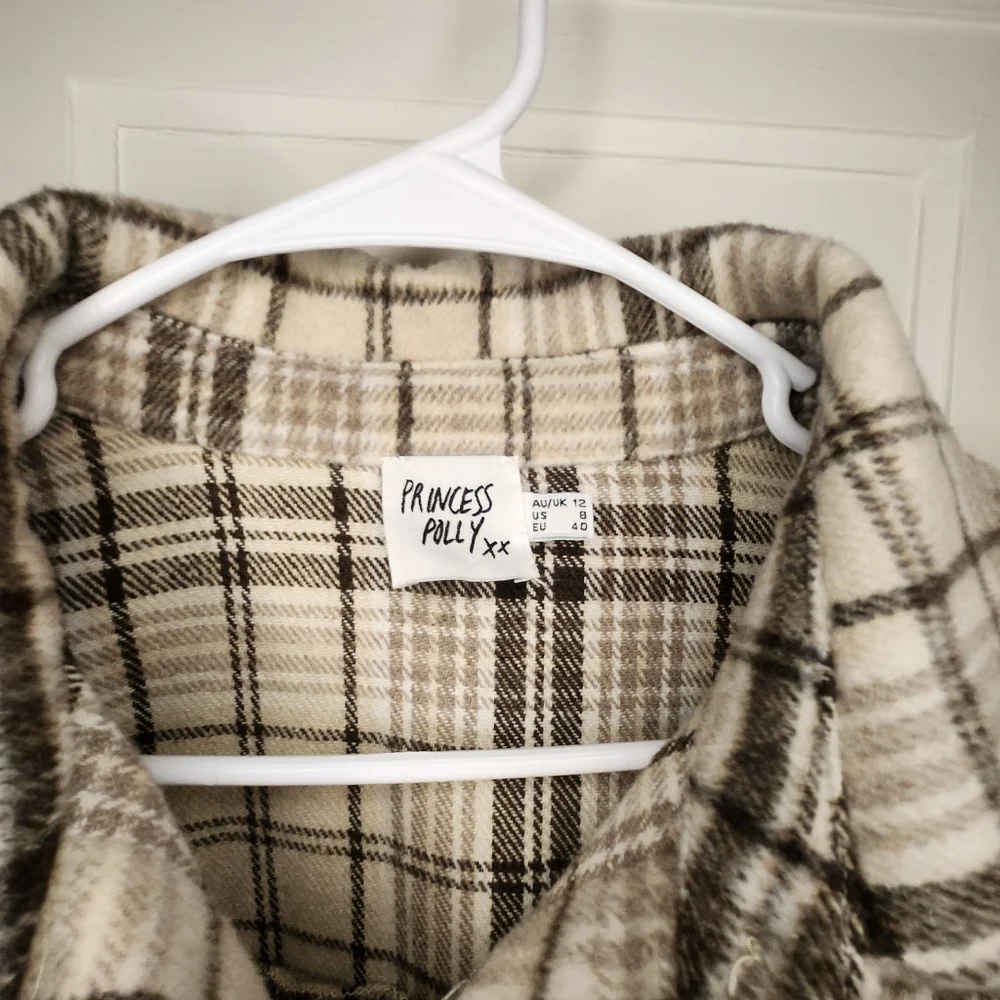 Princess Polly Willa Shirt Beige Women's Sz 8 Button Up Shacket Tan Brown Wool - Picture 6 of 11